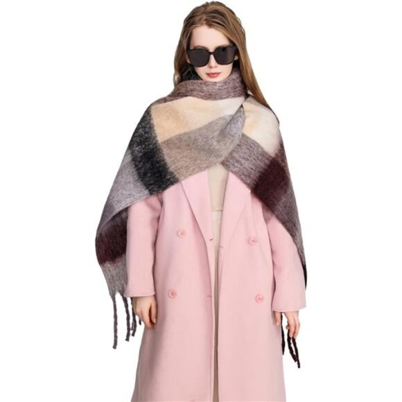 Yatemiole Women's Cashmere Big Coloured Checked Scarf Winter Warm Wrap Scarf - Picture 4 of 7